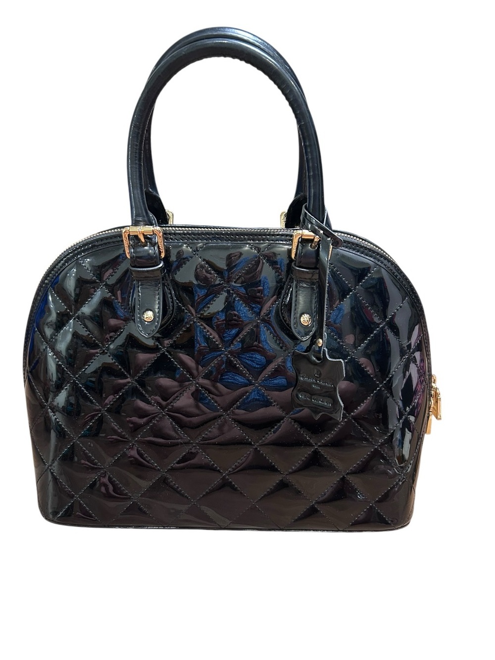 Pierre Cardin black patent leather quilted doctor bag purse zip top handle